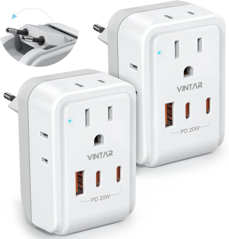VINTAR محول سفر أوروبي 2 حزمة، محول نوع C قابل للطي PD 20W مع 4 مآخذ AC و 3 منافذ USB (2 USB C)، شاحن أساسي للسفر من الولايات المتحدة إلى معظم دول أوروبا EU إيطاليا إسبانيا فرنسا - Image 1